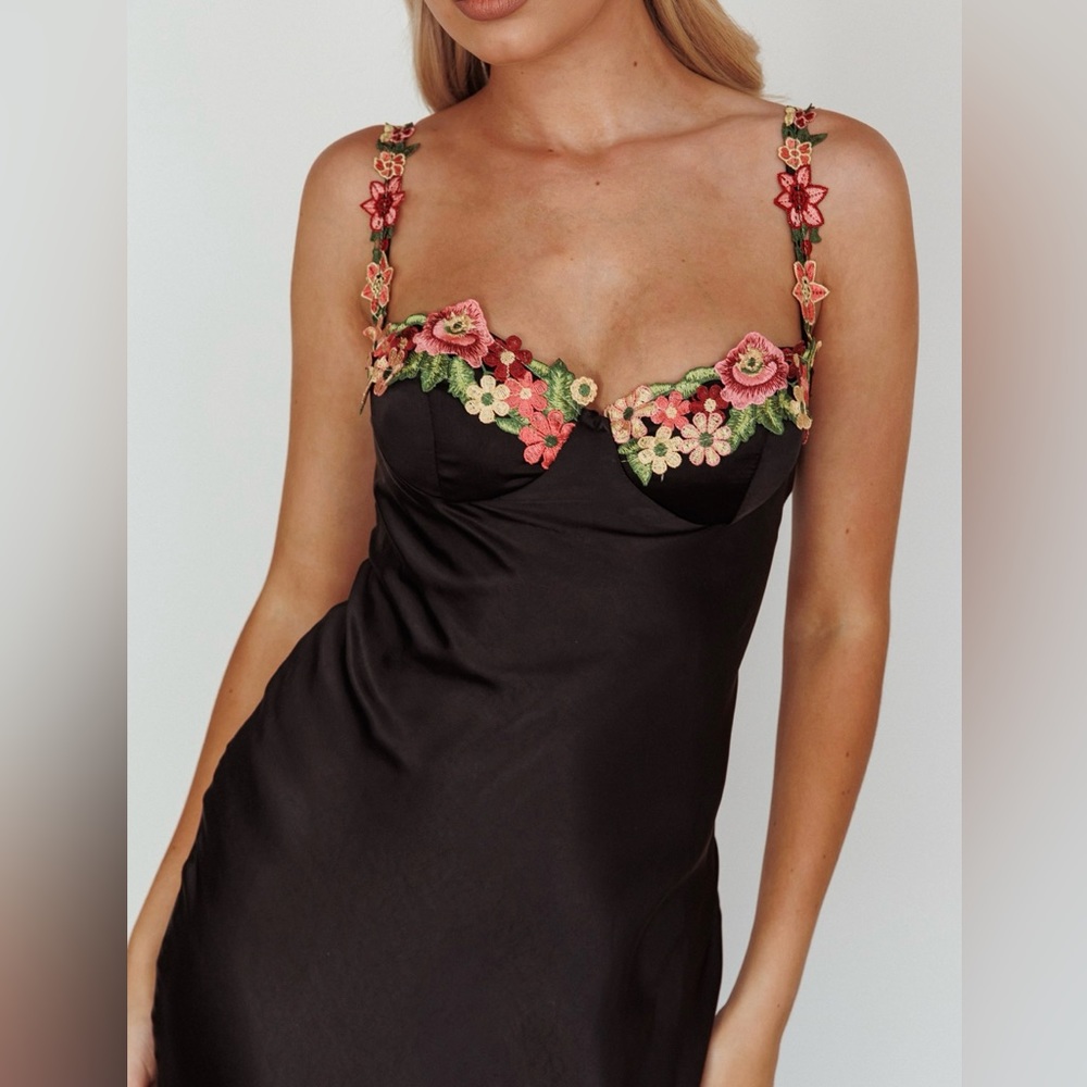 Satin dress with floral trim